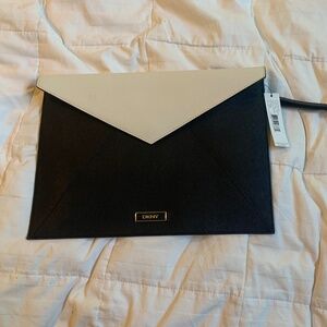NWT $125 DKNY Black/Ivory Large  Saffiano Leather Large Clutch Handbag